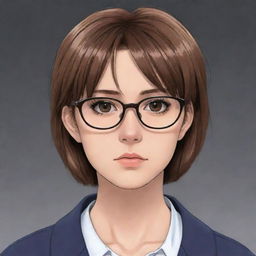 Anime girl with short brown hair, wearing glasses, and showcasing a serious expression.