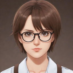 Anime girl with short brown hair, wearing glasses, and showcasing a serious expression.