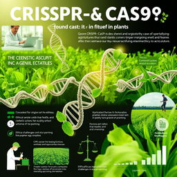 An informative and visually engaging representation of CRISPR-Cas9 technology in plants, highlighting its applications in agriculture