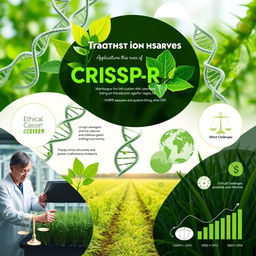 An informative and visually engaging representation of CRISPR-Cas9 technology in plants, highlighting its applications in agriculture