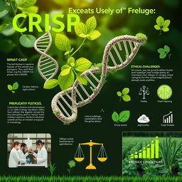 An informative and visually engaging representation of CRISPR-Cas9 technology in plants, highlighting its applications in agriculture