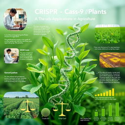 An informative and visually engaging representation of CRISPR-Cas9 technology in plants, highlighting its applications in agriculture