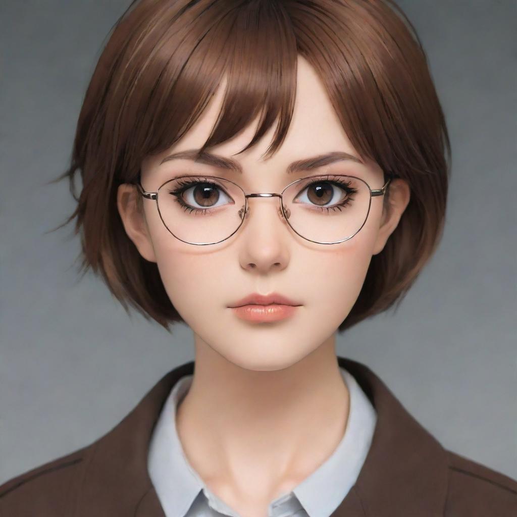 Anime girl with short brown hair, wearing glasses, and showcasing a serious expression.