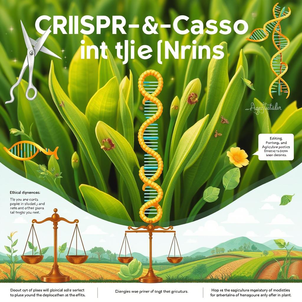 A detailed and engaging illustration of CRISPR-Cas9 technology applied in plants, emphasizing the ethical dilemmas, scientific challenges, and opportunities in agriculture