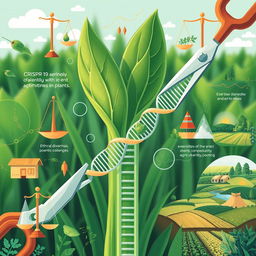 A detailed and engaging illustration of CRISPR-Cas9 technology applied in plants, emphasizing the ethical dilemmas, scientific challenges, and opportunities in agriculture