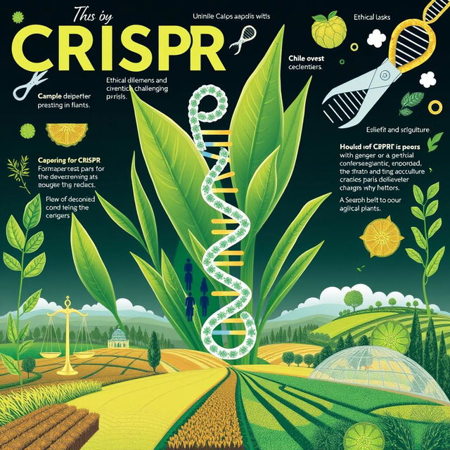 A detailed and engaging illustration of CRISPR-Cas9 technology applied in plants, emphasizing the ethical dilemmas, scientific challenges, and opportunities in agriculture