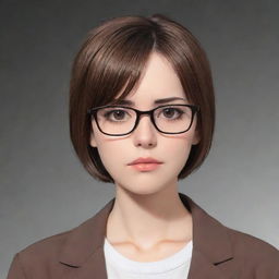 Anime girl with short brown hair, wearing glasses, and showcasing a serious expression.