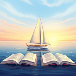 An inspiring chapter cover illustration depicting a serene sailboat setting out on calm waters, symbolizing the theme of embarking on a journey of exploration through reading