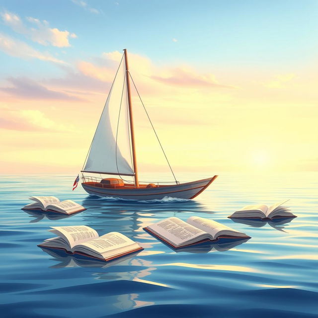 An inspiring chapter cover illustration depicting a serene sailboat setting out on calm waters, symbolizing the theme of embarking on a journey of exploration through reading