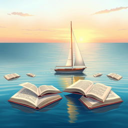 An inspiring chapter cover illustration depicting a serene sailboat setting out on calm waters, symbolizing the theme of embarking on a journey of exploration through reading