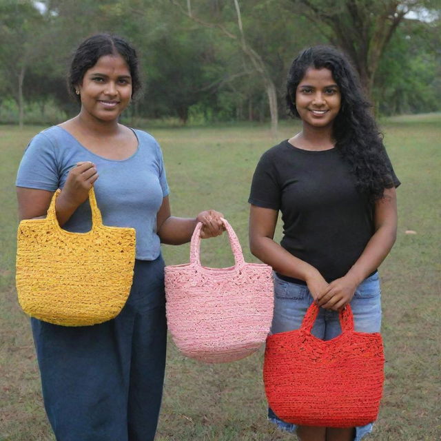 Sri Lankan girls showcasing handcrafted crochet bags woven with soft T-shirt yarn