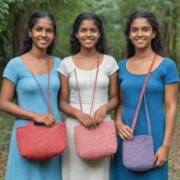 Sri Lankan girls showcasing handcrafted crochet bags woven with soft T-shirt yarn