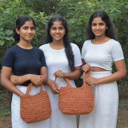 Sri Lankan girls showcasing handcrafted crochet bags woven with soft T-shirt yarn