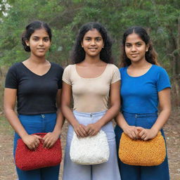 Sri Lankan girls showcasing handcrafted crochet bags woven with soft T-shirt yarn