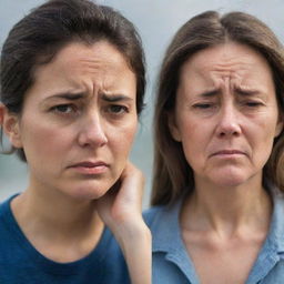 Two people: one with a distraught expression, displaying visible signs of being upset, and the other with furrowed brows, radiating waves of worry.