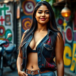 A confident, busty Indian woman wearing a trendy oversized boy vest, without a bra underneath, that highlights her curves