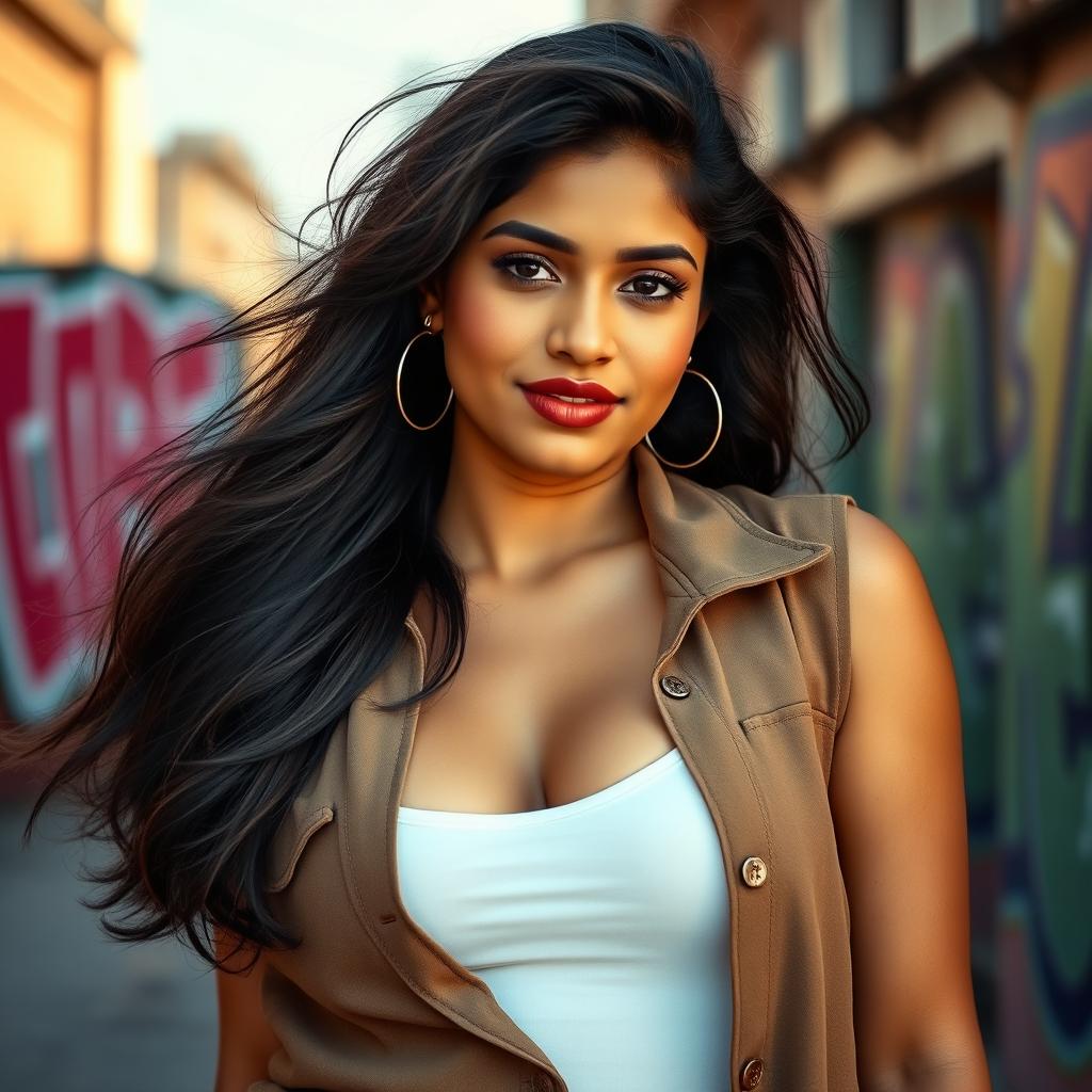 A bold and confident Indian woman with a busty figure, wearing a trendy, oversized boy vest, without a bra