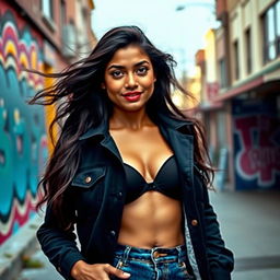 A bold and confident Indian woman with a busty figure, wearing a trendy, oversized boy vest, without a bra