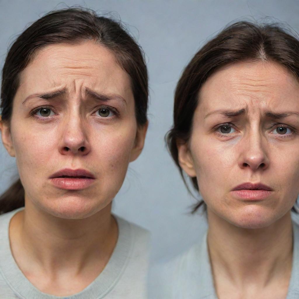 Two people: one with a distraught expression, displaying visible signs of being upset, and the other with furrowed brows, radiating waves of worry.