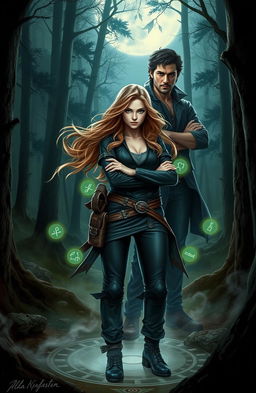 A dramatic and captivating scene depicting Isla Kingsley, a young woman with a fierce determination and mystical aura, standing confidently in a dense, moonlit forest