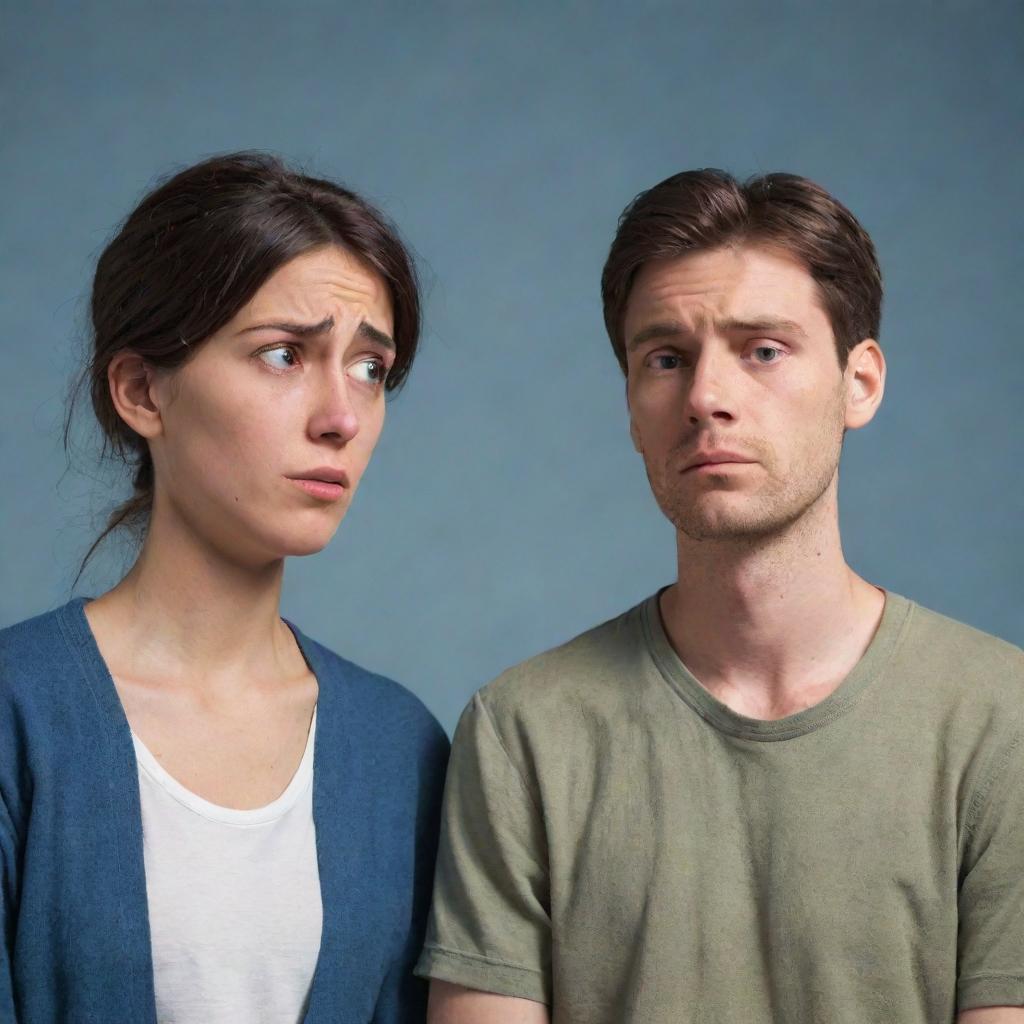 Animations are not supported; however, imagine two people, full-body view: with one person visibly upset and distraught, while the other looks on with a worried expression.