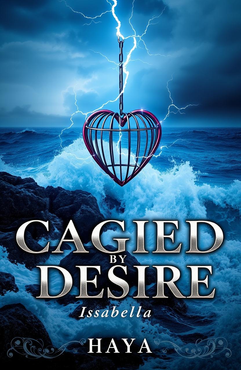 A dynamic book cover for "CAGED BY DESIRE" depicting a tempestuous stormy ocean, with dramatic waves crashing against a rugged rocky shore, symbolizing the turbulent journey of a character named Isabella