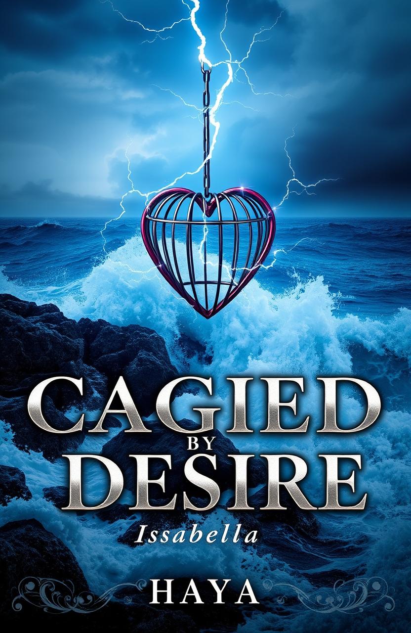 A dynamic book cover for "CAGED BY DESIRE" depicting a tempestuous stormy ocean, with dramatic waves crashing against a rugged rocky shore, symbolizing the turbulent journey of a character named Isabella