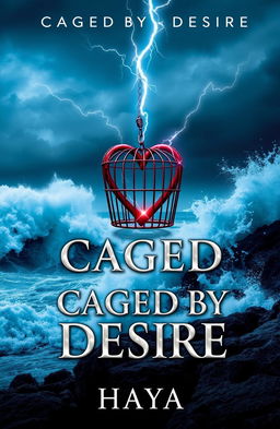 A dynamic book cover for "CAGED BY DESIRE" depicting a tempestuous stormy ocean, with dramatic waves crashing against a rugged rocky shore, symbolizing the turbulent journey of a character named Isabella