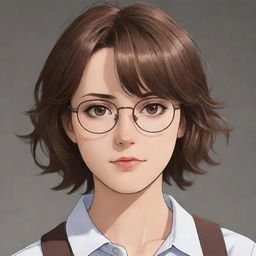 Anime girl with short, wavy brown hair, wearing glasses, and showcasing a serious expression.