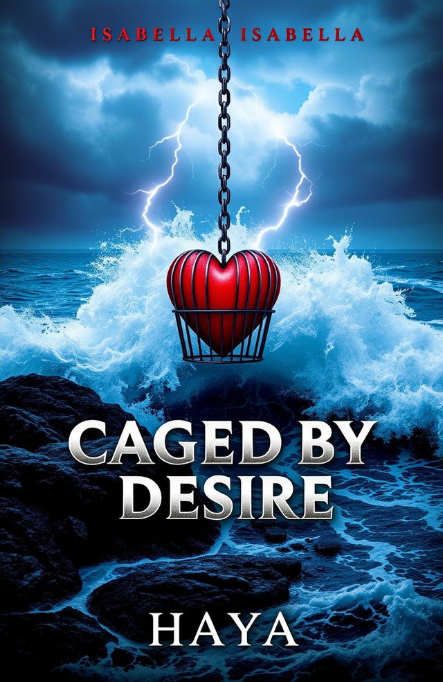 A dynamic book cover for "CAGED BY DESIRE" depicting a tempestuous stormy ocean, with dramatic waves crashing against a rugged rocky shore, symbolizing the turbulent journey of a character named Isabella