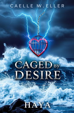 A dynamic book cover for "CAGED BY DESIRE" depicting a tempestuous stormy ocean, with dramatic waves crashing against a rugged rocky shore, symbolizing the turbulent journey of a character named Isabella