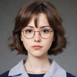 Anime girl with short, wavy brown hair, wearing glasses, and showcasing a serious expression.