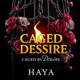 An intriguing book cover for "CAGED BY DESIRE" featuring an abstract representation of a cage created from intertwining chains and blooming roses, symbolizing the duality of beauty and bondage