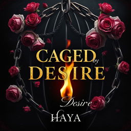 An intriguing book cover for "CAGED BY DESIRE" featuring an abstract representation of a cage created from intertwining chains and blooming roses, symbolizing the duality of beauty and bondage