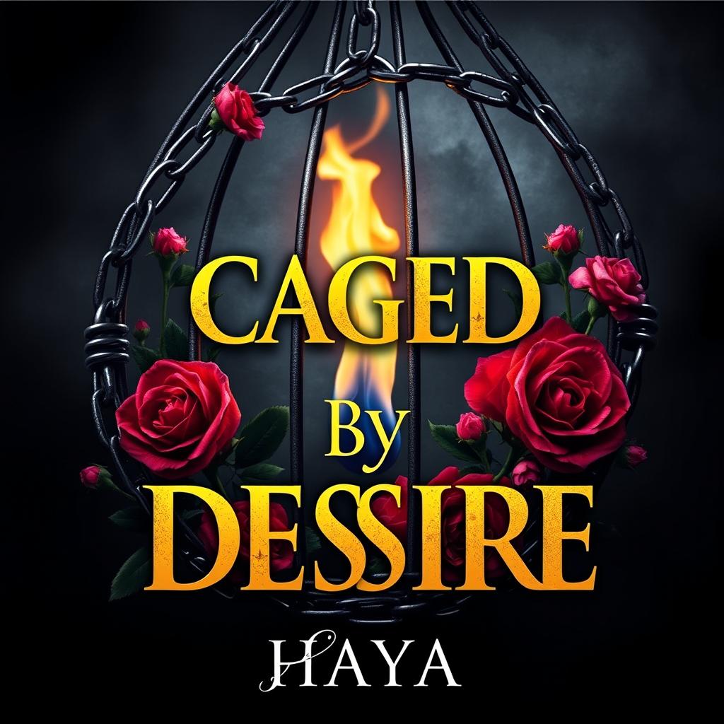 An intriguing book cover for "CAGED BY DESIRE" featuring an abstract representation of a cage created from intertwining chains and blooming roses, symbolizing the duality of beauty and bondage