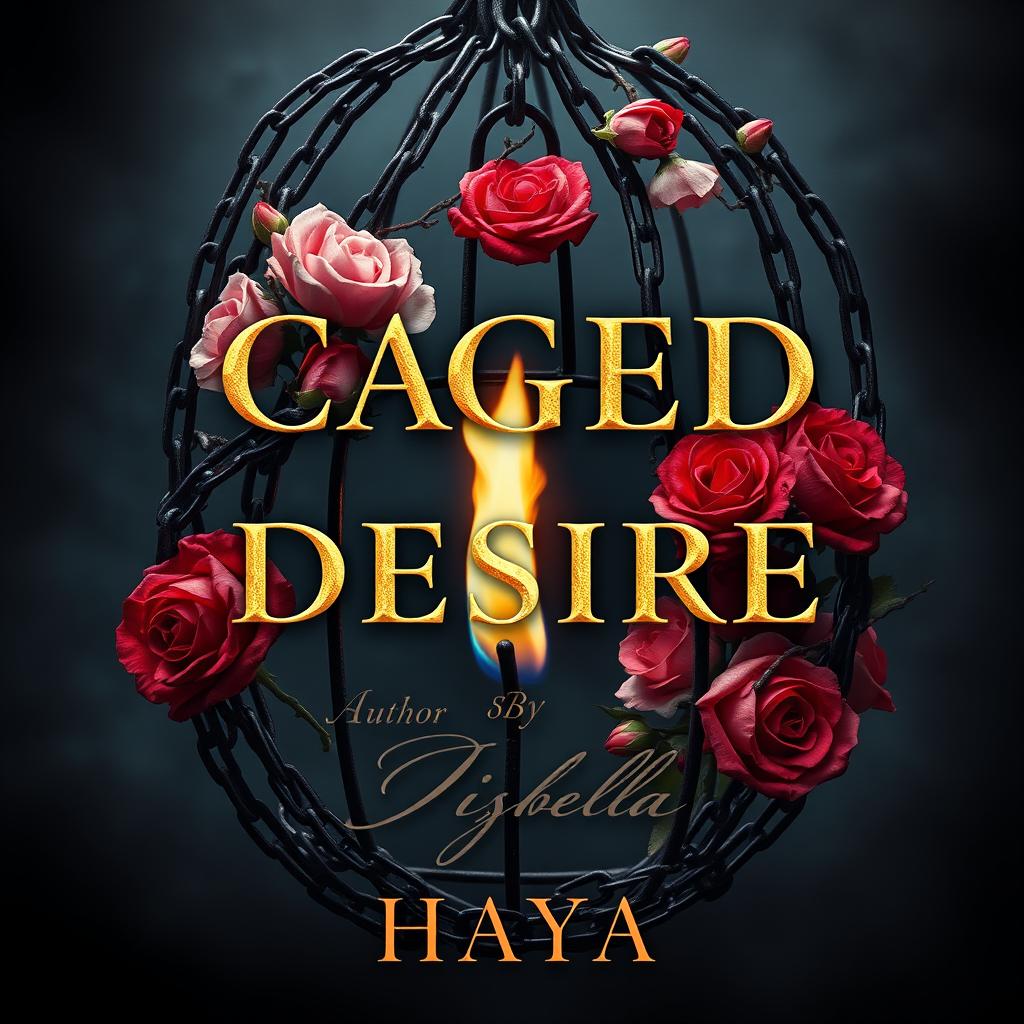 An intriguing book cover for "CAGED BY DESIRE" featuring an abstract representation of a cage created from intertwining chains and blooming roses, symbolizing the duality of beauty and bondage