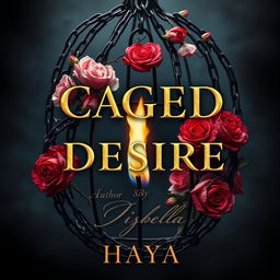 An intriguing book cover for "CAGED BY DESIRE" featuring an abstract representation of a cage created from intertwining chains and blooming roses, symbolizing the duality of beauty and bondage