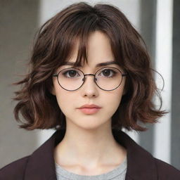 Anime girl with short, wavy brown hair, wearing glasses, and showcasing a serious expression.