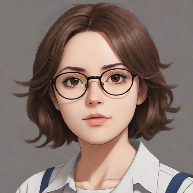 Anime girl with short, wavy brown hair, wearing glasses, and showcasing a serious expression.