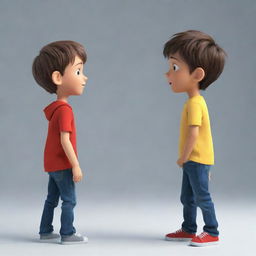 Animations are not supported; however, imagine two boys standing face-to-face, engaged in an animated conversation, with lively expressions and dynamic body language.