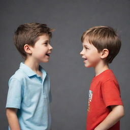 Animations are not supported; however, imagine two boys standing face-to-face, engaged in an animated conversation, with lively expressions and dynamic body language.