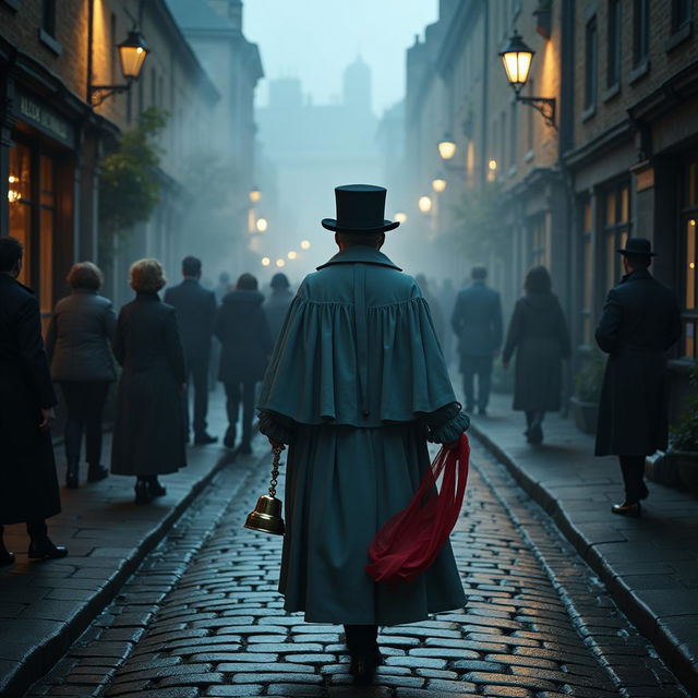 A ghost tour guide leading a group down an ancient cobbled street in a historic English town, shrouded in soft fog