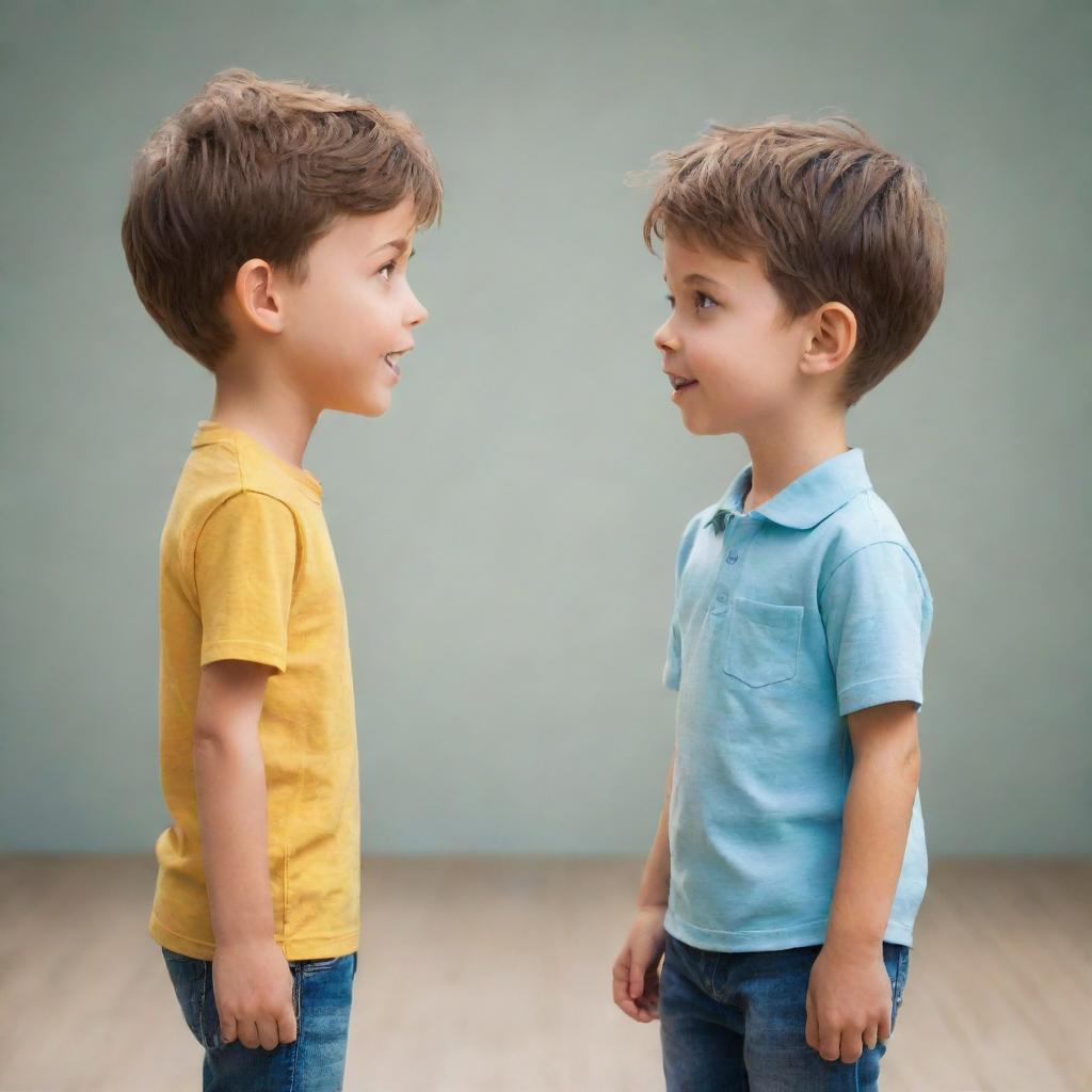 Animations are not supported; however, imagine two boys standing face-to-face, engaged in an animated conversation, with lively expressions and dynamic body language.