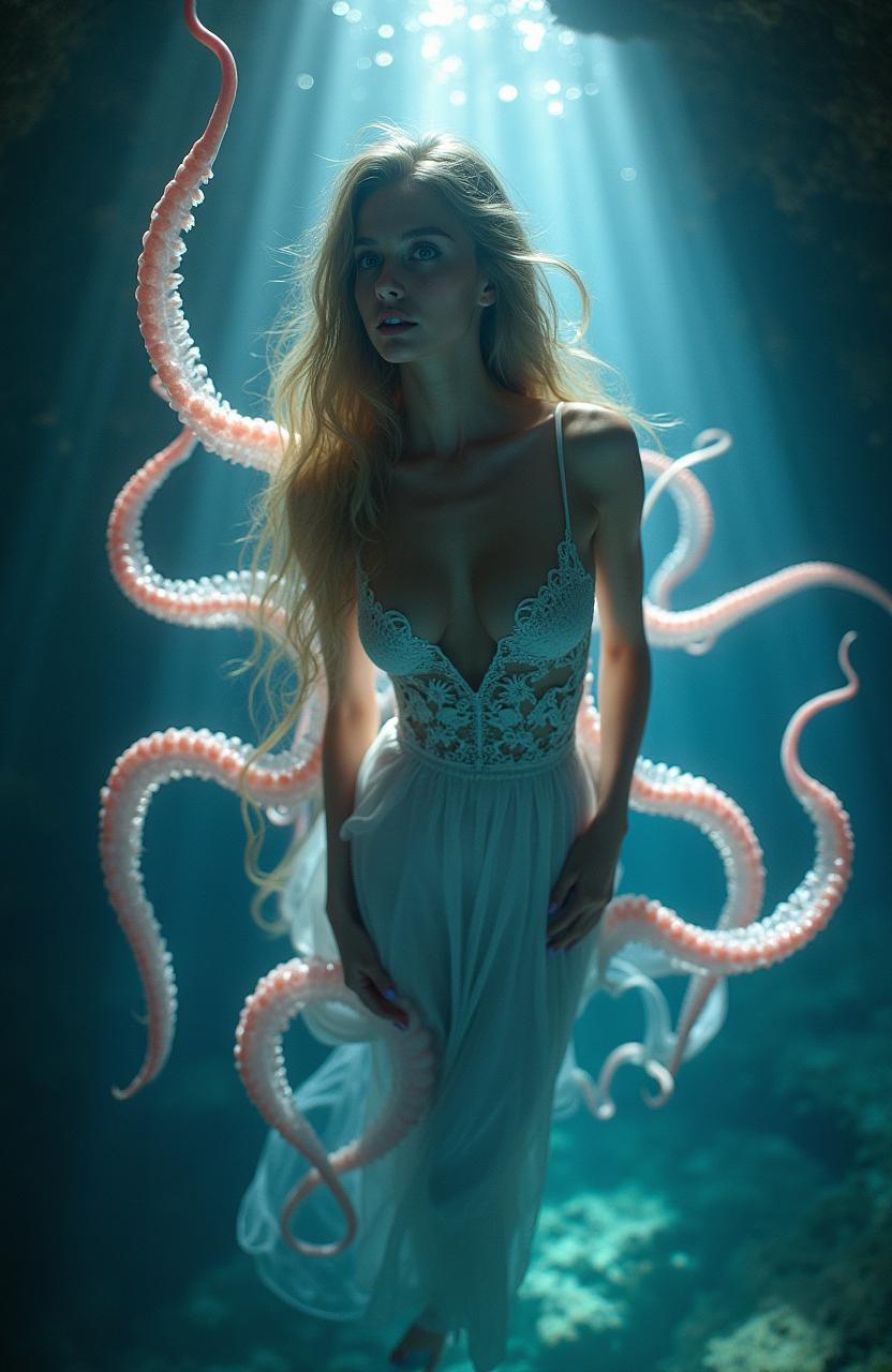 A surreal underwater scene featuring a beautiful adult woman with long flowing hair, elegantly suspended in a captivating underwater cave