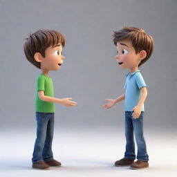 Animations are not supported; however, imagine two boys standing face-to-face, engaged in an animated conversation, with lively expressions and dynamic body language.