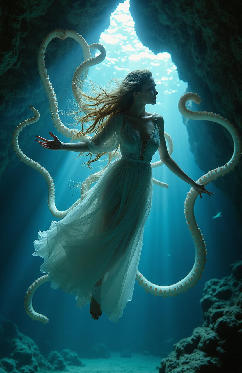 A stunning and surreal underwater scene featuring a beautiful adult woman with flowing hair, elegantly suspended within a captivating underwater cave