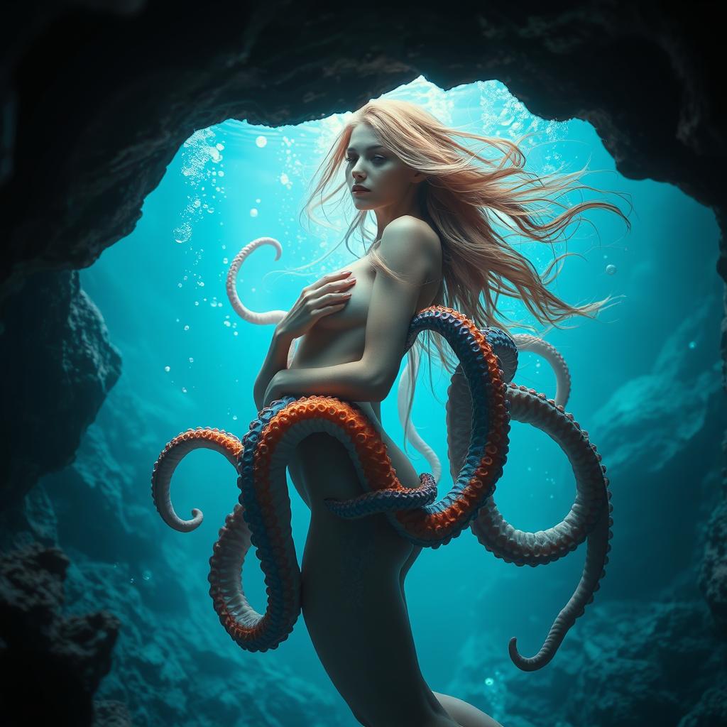 A mesmerizing scene of an ethereal underwater cave illuminated by soft blue light, featuring a beautiful woman with flowing hair, her body gracefully held by colorful, surreal tentacles that wrap around her gently