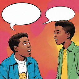 A comic-style image of two boys engaged in conversation, with speech bubbles illustrating their dialogue, set against a vibrant background.