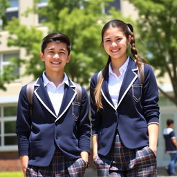 A scene featuring two teenagers, a boy and a girl, both wearing matching school uniforms