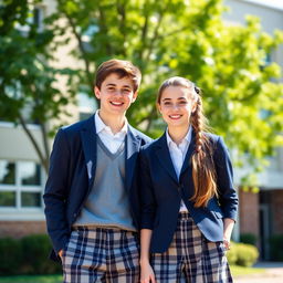 A scene featuring two teenagers, a boy and a girl, both wearing matching school uniforms